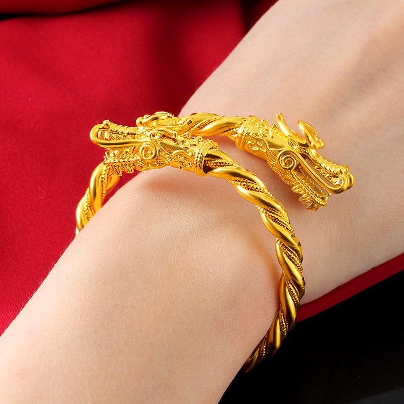 Gold Double Dragon Wealth Bangle - FengshuiGallary