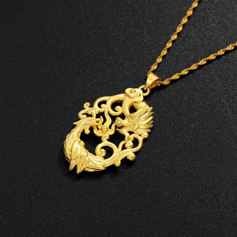 Gold Dragon & Phoenix Auspicious Pendant Necklace - FengshuiGallary