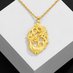 Gold Dragon & Phoenix Auspicious Pendant Necklace - FengshuiGallary