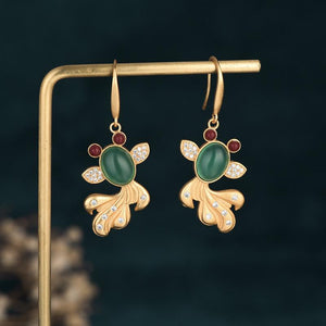 Gold Koi Fish Green Jade Lucky Earrings - FengshuiGallary