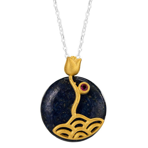 Gold Lotus Lazuli Stone Wealth Pendant Silver Necklace - FengshuiGallary