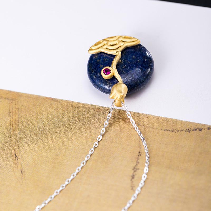 Gold Lotus Lazuli Stone Wealth Pendant Silver Necklace - FengshuiGallary