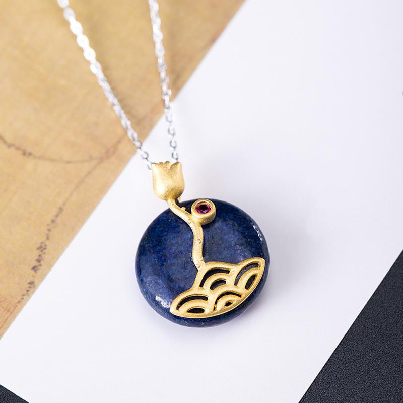 Gold Lotus Lazuli Stone Wealth Pendant Silver Necklace - FengshuiGallary