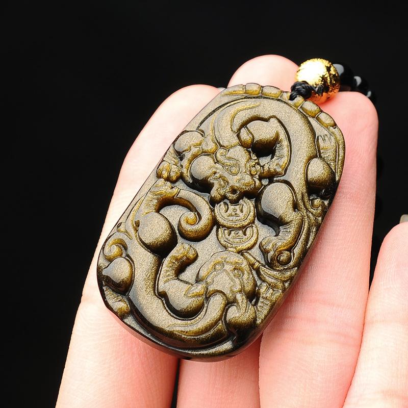 Gold Obsidian Pixiu Protection Pendant Necklace(Gold Sheen Obsidian) - FengshuiGallary