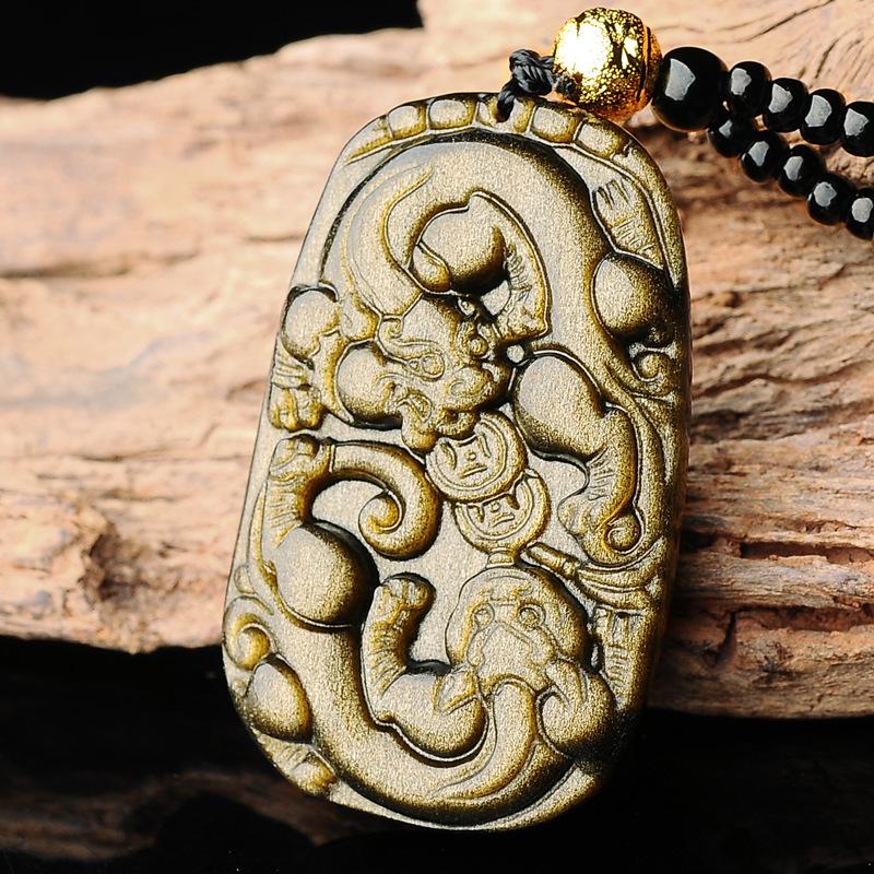 Gold Obsidian Pixiu Protection Pendant Necklace(Gold Sheen