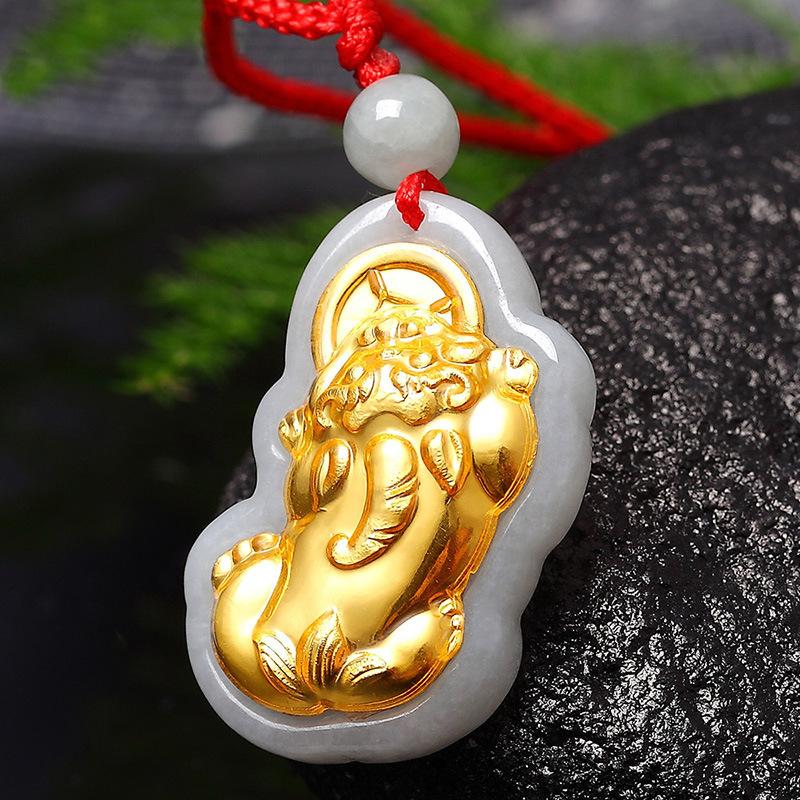 Gold Pixiu Natural White Jade Lucky Pendant - FengshuiGallary