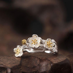 Gold Plum Flower 925 Silver Wealth Ring - FengshuiGallary