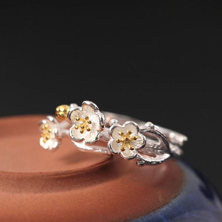 Gold Plum Flower 925 Silver Wealth Ring - FengshuiGallary