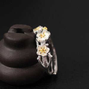 Gold Plum Flower 925 Silver Wealth Ring - FengshuiGallary