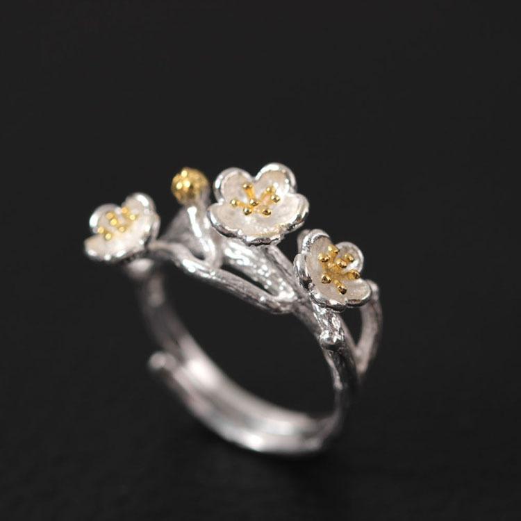 Gold Plum Flower 925 Silver Wealth Ring - FengshuiGallary