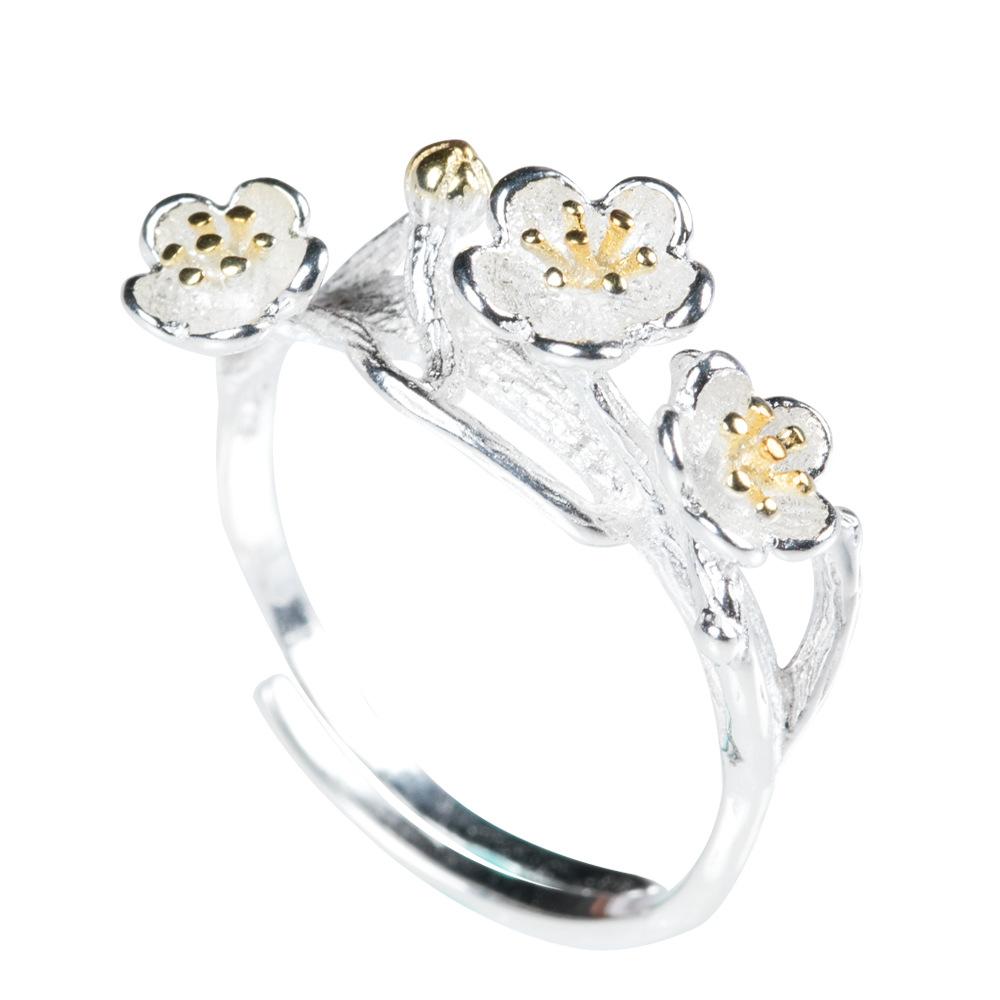 Gold Plum Flower 925 Silver Wealth Ring - FengshuiGallary