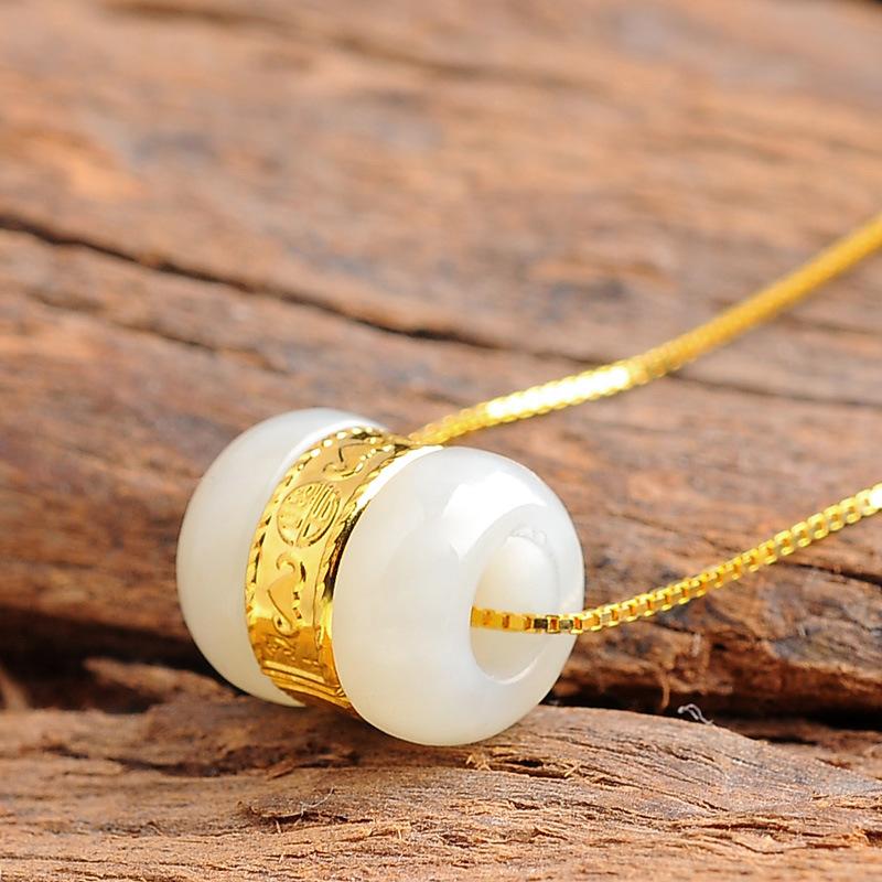 Gold Six True Words Mantra White Jade Lucky Pendant Necklace - FengshuiGallary