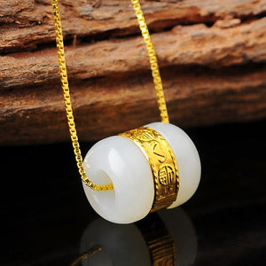 Gold Six True Words Mantra White Jade Lucky Pendant Necklace - FengshuiGallary