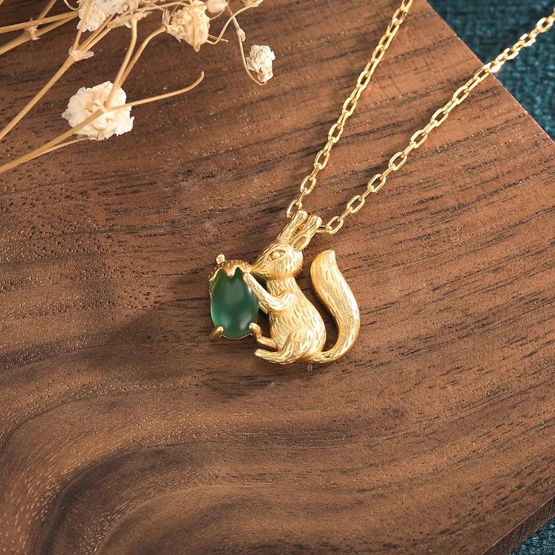 Gold Squirrel Green Jade Wealth Pendant Necklace - FengshuiGallary