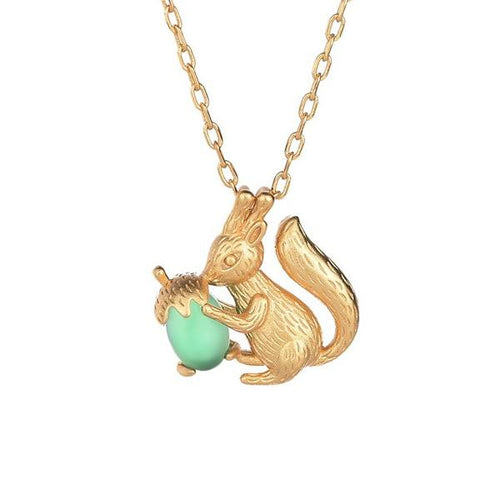 Gold Squirrel Green Jade Wealth Pendant Necklace - FengshuiGallary