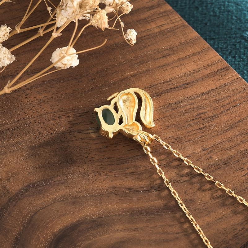 Gold Squirrel Green Jade Wealth Pendant Necklace - FengshuiGallary