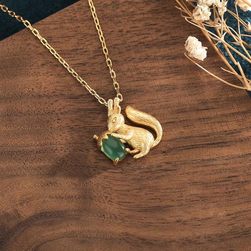 Gold Squirrel Green Jade Wealth Pendant Necklace - FengshuiGallary