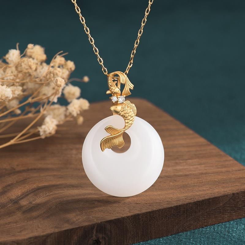 Golden Koi Fish White Jade Wealth Pendant Necklace - FengshuiGallary