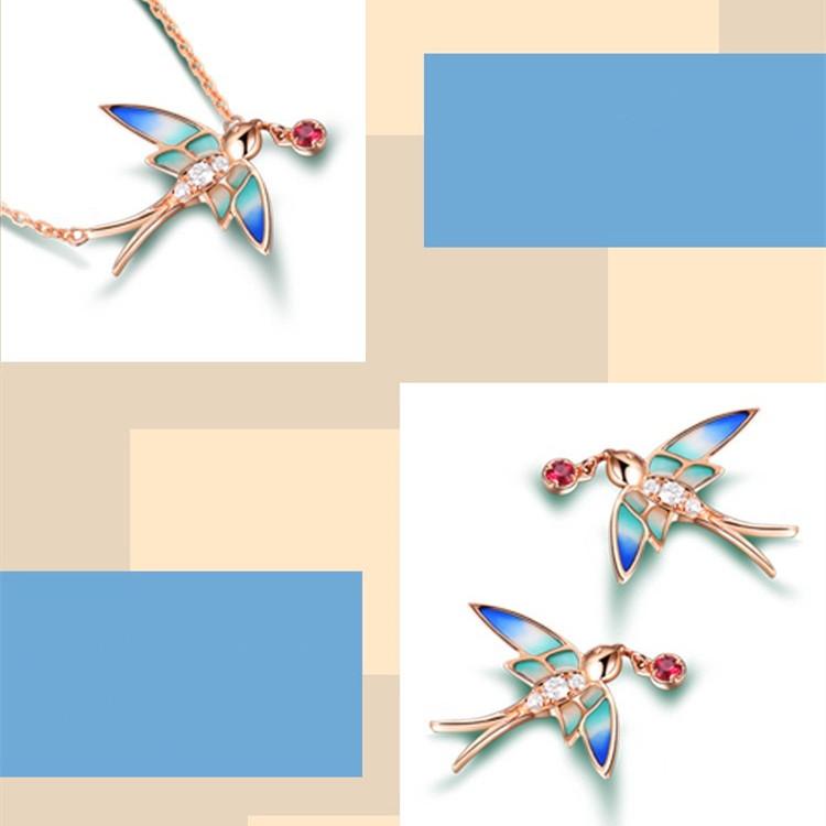 Good Luck Swallow Red Rhinestone Jewelry Set(Pendant Necklace Earring Bracelet) - FengshuiGallary