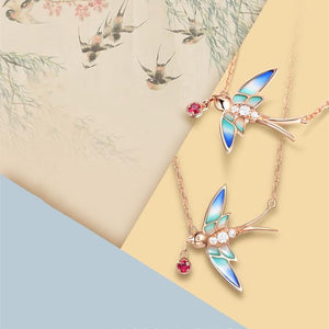 Good Luck Swallow Red Rhinestone Pendant Necklace - FengshuiGallary