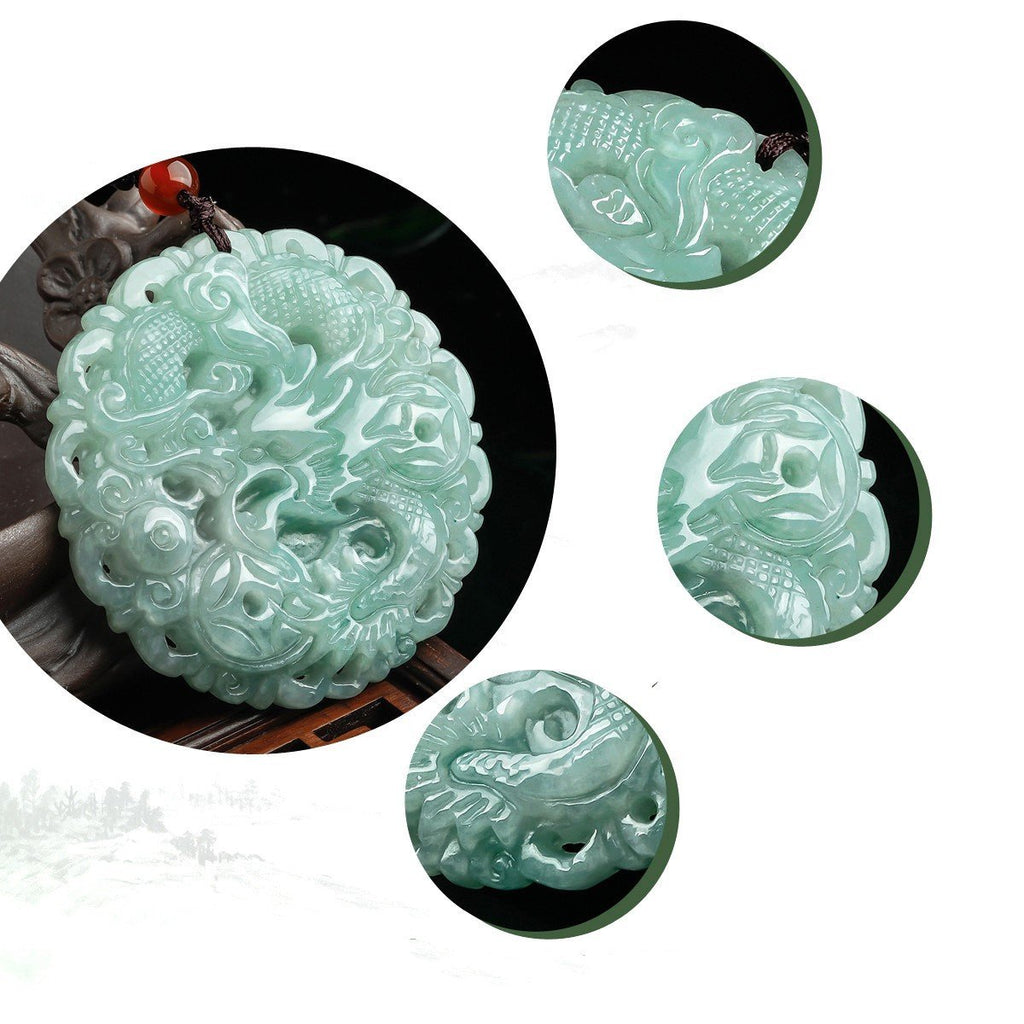 Grand A Natural Green Jade Auspicious Dragon Lucky Pendant Necklace - FengshuiGallary