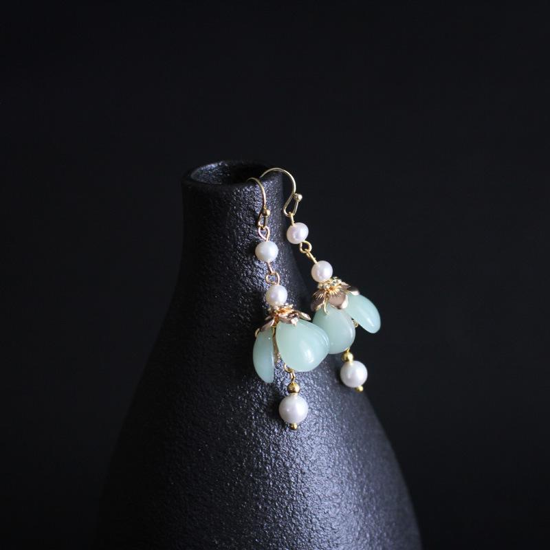 Green Agate Pearl Silver Earrings - FengshuiGallary