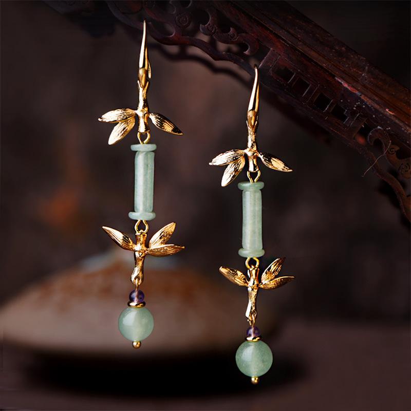 Green Jade Bamboo 14K Gold Flower Wealth Earring - FengshuiGallary