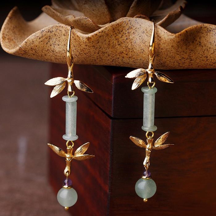 Green Jade Bamboo 14K Gold Flower Wealth Earring - FengshuiGallary