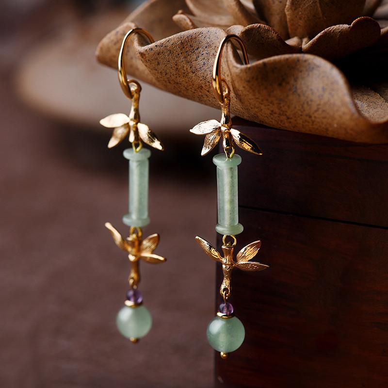 Green Jade Bamboo 14K Gold Flower Wealth Earring - FengshuiGallary