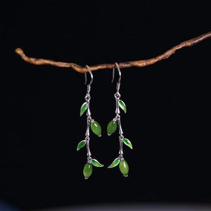 Green Jade Bamboo Leaves Wealth Earrings - FengshuiGallary