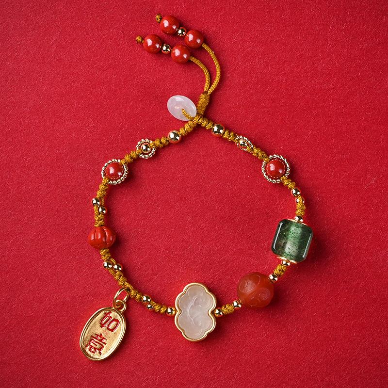 Green Jade Cinnabar Full Blessing Hand Made Lucky Rope Bracelet - FengshuiGallary