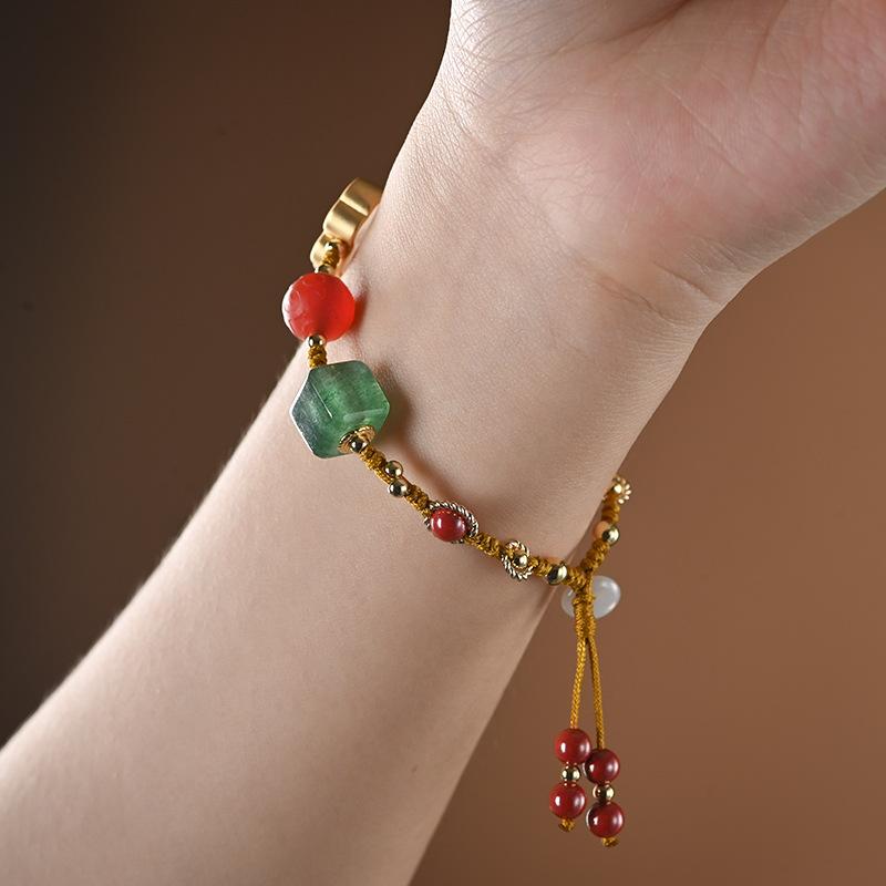 Green Jade Cinnabar Full Blessing Hand Made Lucky Rope Bracelet - FengshuiGallary