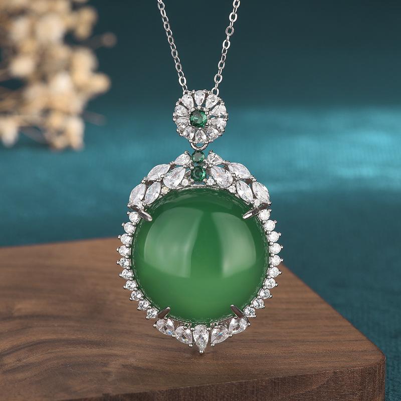 Green Jade Cubic Zirconia Crystals Pendant Necklace - FengshuiGallary