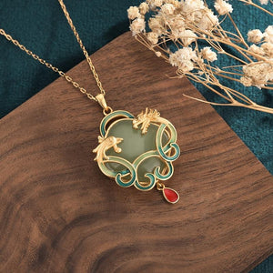 Green Jade Dragon& Phoenix Gold Pendant Necklace - FengshuiGallary