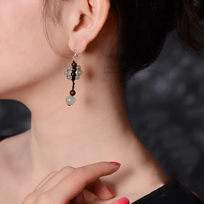 Green Jade Earrings-Auspicious Sandalwood Beads - FengshuiGallary