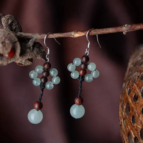 Green Jade Earrings-Auspicious Sandalwood Beads - FengshuiGallary