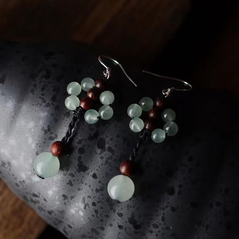 Green Jade Earrings-Auspicious Sandalwood Beads - FengshuiGallary