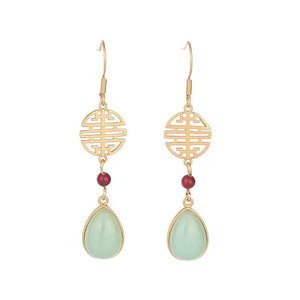 Green Jade Earrings-Red Agate Beads - FengshuiGallary