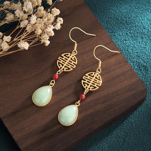 Green Jade Earrings-Red Agate Beads - FengshuiGallary
