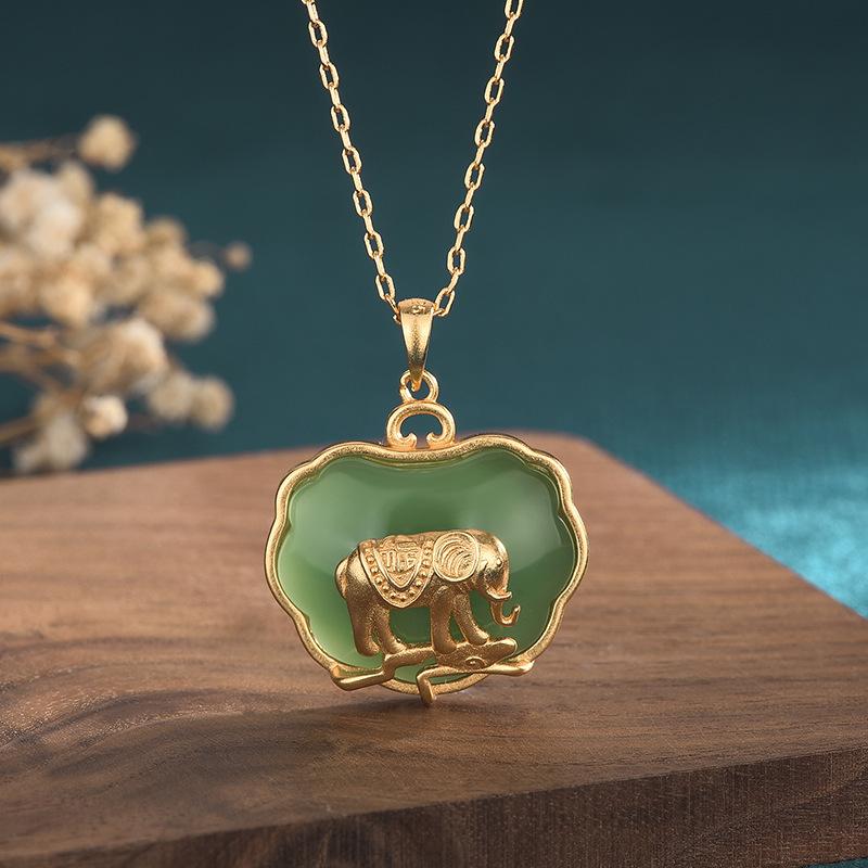 Green Jade Elephant Protection Pendant Necklace - FengshuiGallary