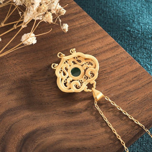 Green Jade Fortune Lock Gold Pendant Necklace - FengshuiGallary