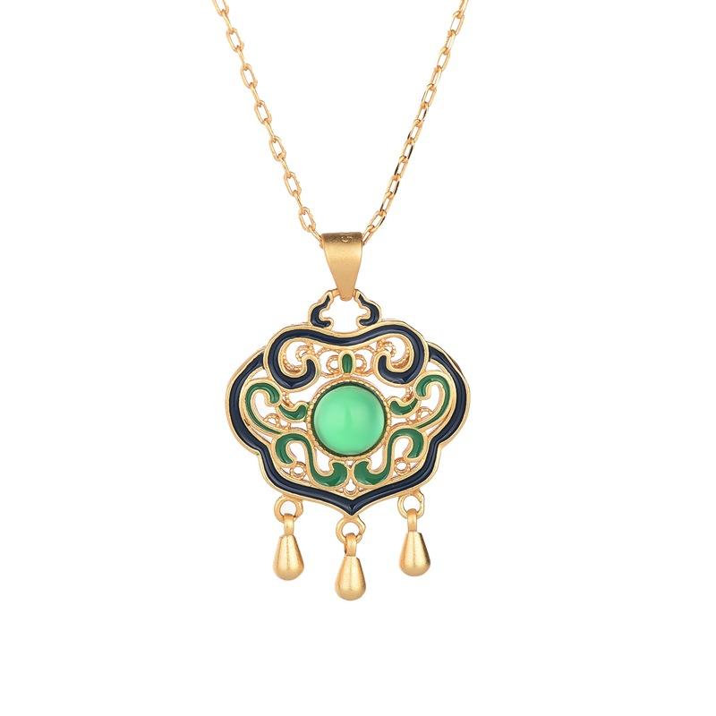 Green Jade Fortune Lock Gold Pendant Necklace - FengshuiGallary