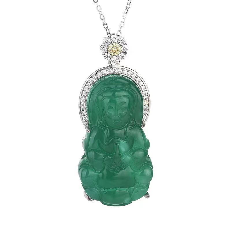 Green Jade Guanyin Buddha Cubic Zirconia Crystals Pendant Necklace - FengshuiGallary