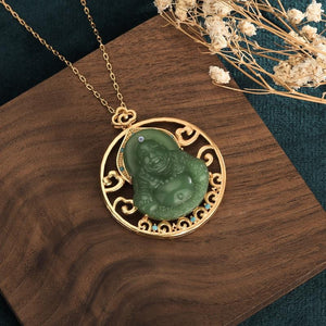 Green Jade Laughing Buddha Lucky Pendant Necklace - FengshuiGallary
