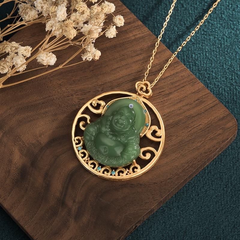 Green Jade Laughing Buddha Lucky Pendant Necklace - FengshuiGallary