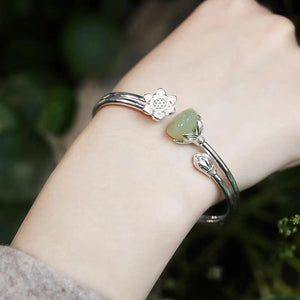 Green Jade Lotus Flower Silver Bangle - FengshuiGallary