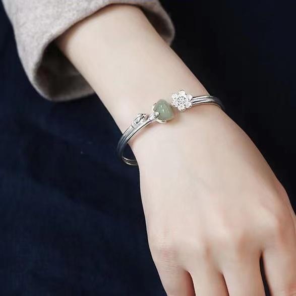 Green Jade Lotus Flower Silver Bangle - FengshuiGallary