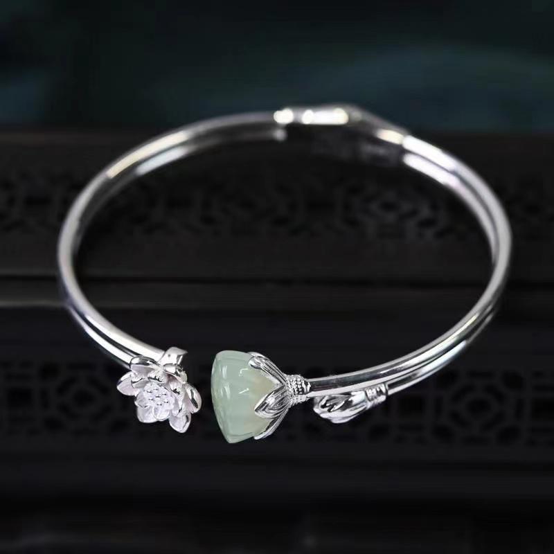 Green Jade Lotus Flower Silver Bangle - FengshuiGallary