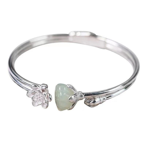 Green Jade Lotus Flower Silver Bangle - FengshuiGallary