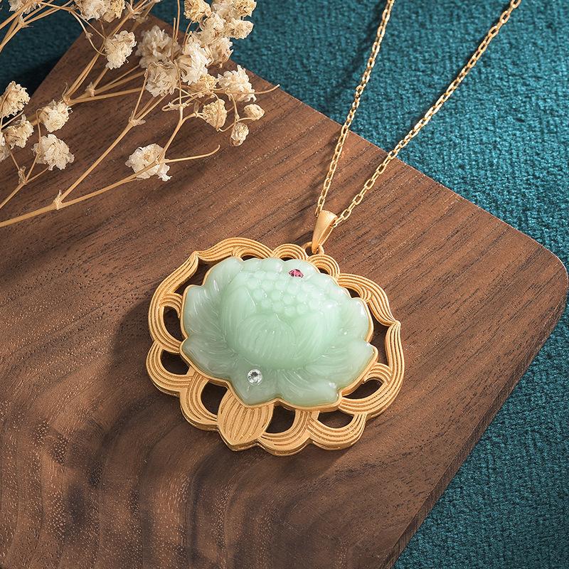 Green Jade Lotus Pendant Necklace - FengshuiGallary